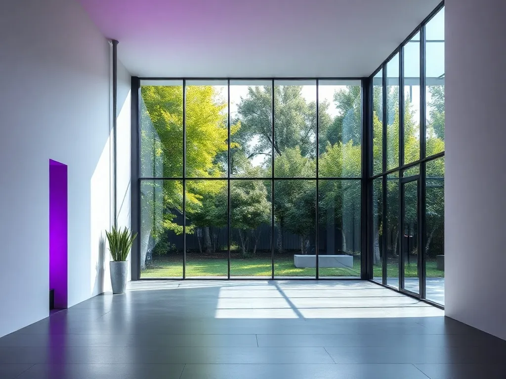 A minimalist architectural space with clean lines, large gla