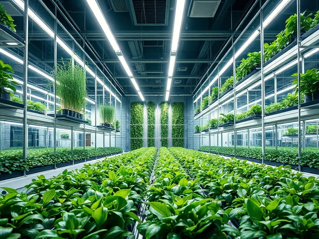 A high-tech vertical farm inside a modern Milanese building,